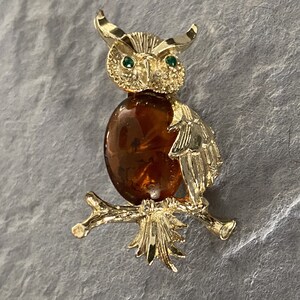 May include: A gold-tone owl brooch with green eyes and a brown amber-coloured body. The owl is perched on a branch with detailed gold leaves.
