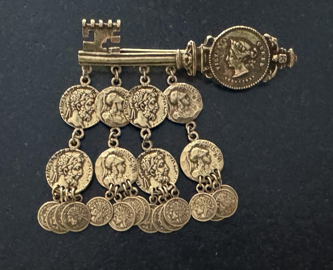 Vintage Coro Craft Key & Dangle Ancient Greek Coins Brooch, Signed ...