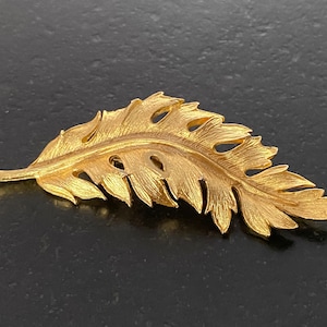 Könnte beinhalten: Eine Brosche aus vergoldetem Metall in Form eines stilisierten Blattes. Das Blatt hat ein detailliertes, strukturiertes Design.