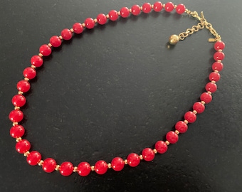 Vintage MONET Signed Beaded Necklace. Red Plastic Bead & Gold Tone Accent Beads Choker Necklace. Vintage Designer Necklace Monet Jewelry