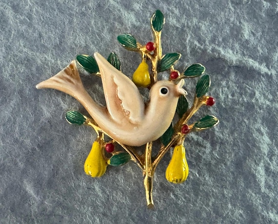 Vintage ART Signed Partridge in a Pear Tree Brooc… - image 1
