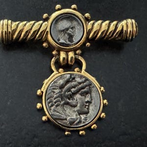 Vintage Alexander the Great Roman Coin Bar Brooch Pin, Dangle Faux Coin Brooch, Vintage Heraldic Brooch Pin