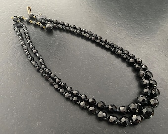 Collier Vintage 3 Rangs Perles De Verre Noir - Fermoir Argent Poinçon 835, Longueur 56cm, Occasion