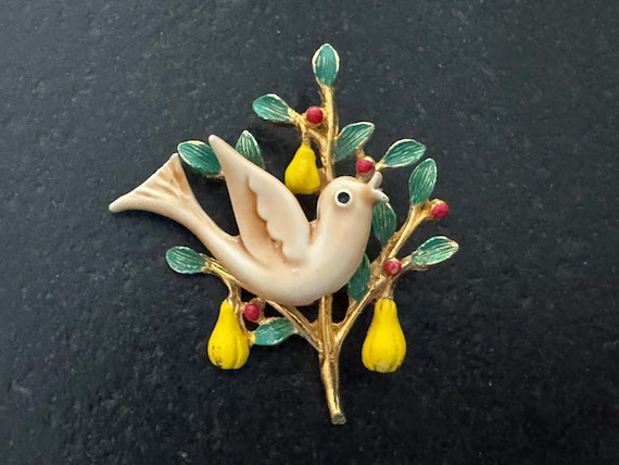 Vintage ART Signed Partridge in a Pear Tree Brooc… - image 3