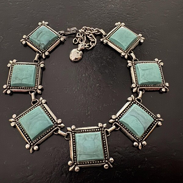 Turquoise dikke choker, turkooizen steen imitatie zilverkleurige ketting, nepturkoois choker max. 14,5 inch verstelbare kraagketting