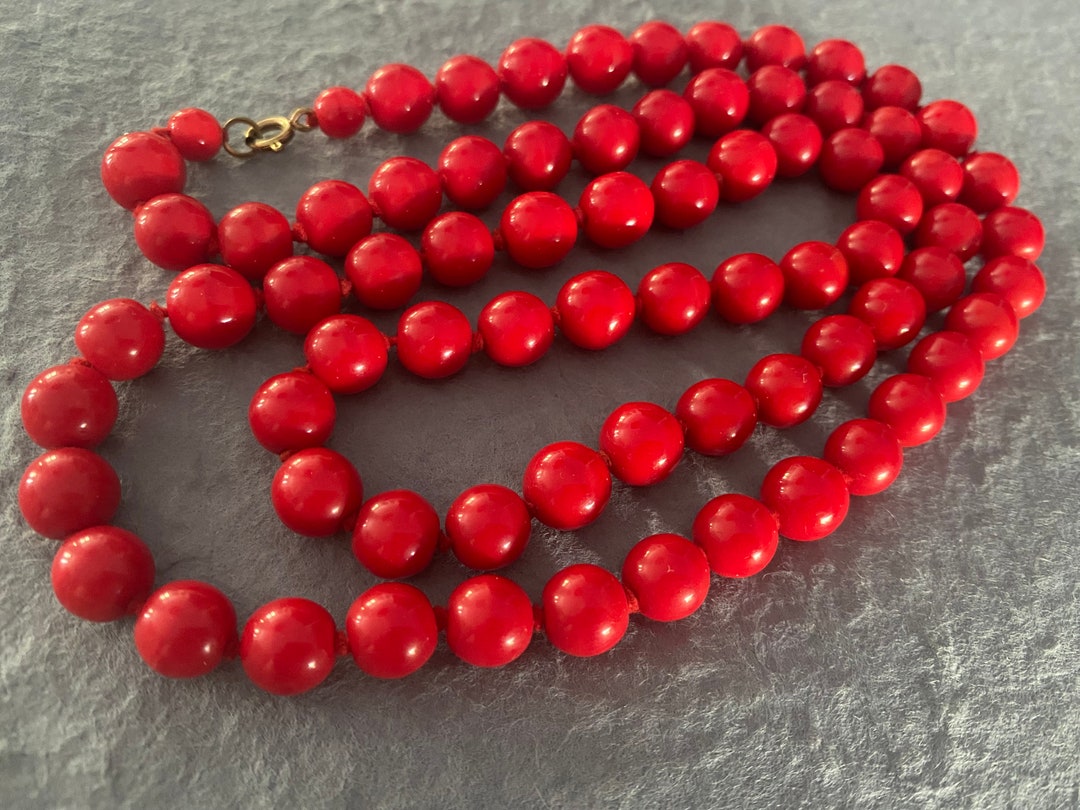 Vintage Red Glass Beads Necklace. Round Red Bead Beaded Hand Etsy