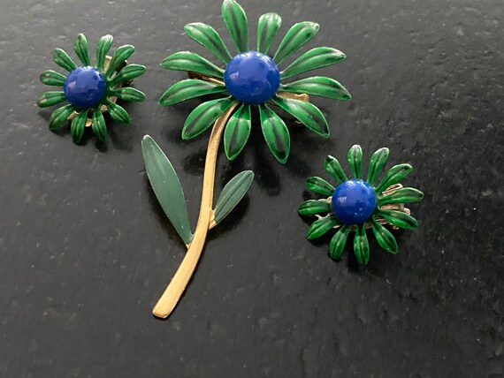 Vintage Flower Brooch and Earrings Set, Green & B… - image 2