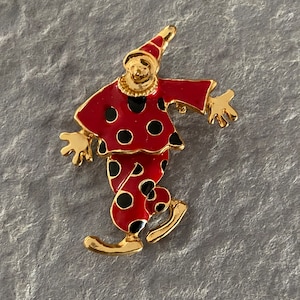 Spilla da clown articolata vintage, spilla da circo danzante, smalto rosso color oro con spilla a pois neri, spilla da giullare clown in smalto