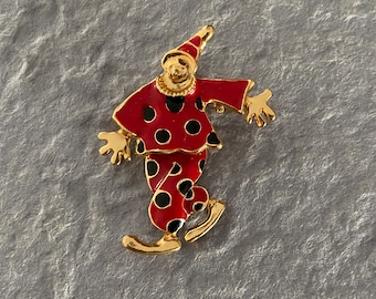 Vintage Articulated Clown Brooch, Dancing Circus Brooch Pin, Gold tone Red Enamel with Black Polka Dots Brooch, Enamel Clown Jester brooch