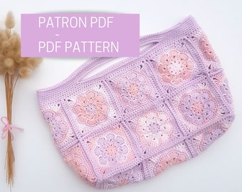 Patron crochet sac à main en granny squares fleurs, tutoriel PDF pour crocheter un sac cabas en crochet