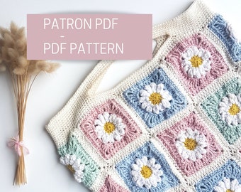 Tutoriel crochet sac à main en granny squares fleurs, patron PDF pour sac granny square au motif fleur en crochet