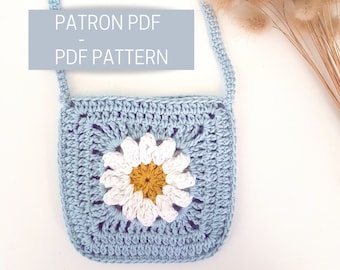 Tuto sac marguerite en crochet, patron pour sac granny square au crochet, modèle PDF pour crocheter un sac granny motif fleurs