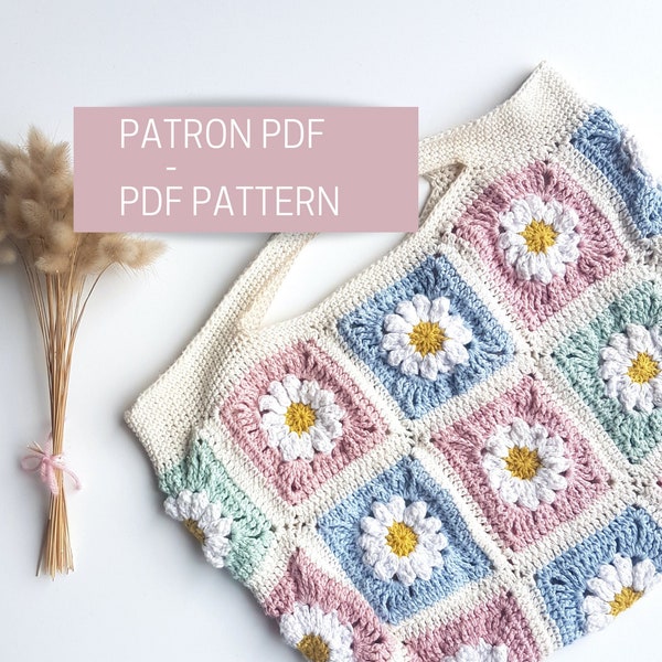 Tutoriel crochet sac à main en granny squares fleurs, patron PDF pour sac granny square au motif fleur en crochet