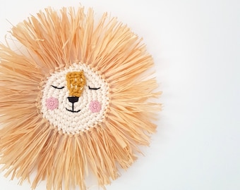 Décoration tête de lion pour chambre d'enfant en raphia et crochet, trophée mural lion fait main en raphia