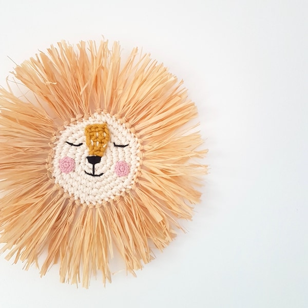 Décoration tête de lion pour chambre d'enfant en raphia et crochet, trophée mural lion fait main en raphia
