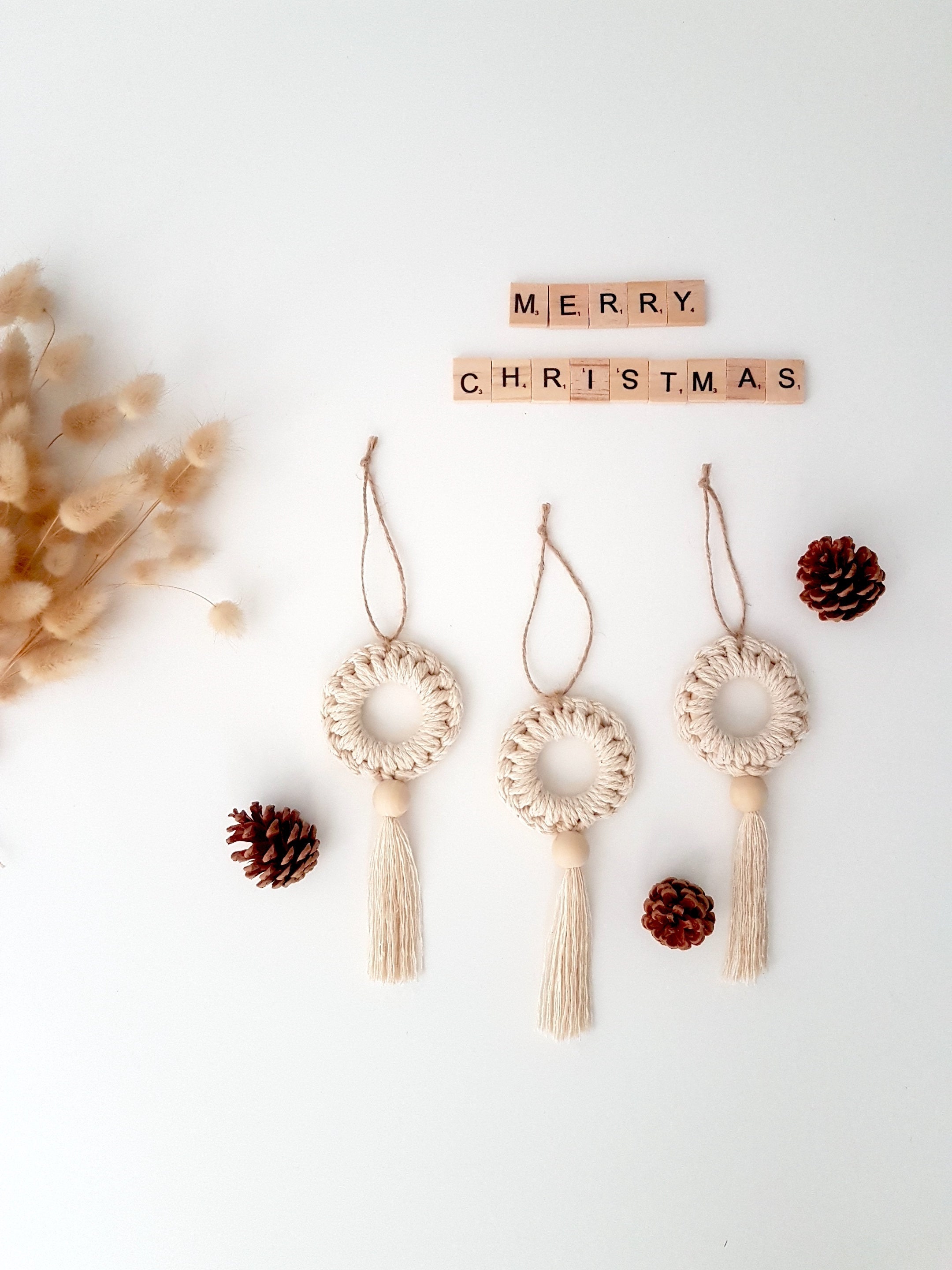 Couronnes de Noël en Macramé, Mini Couronnes à Suspendre, Décoration Boho Pour Sapin Noël
