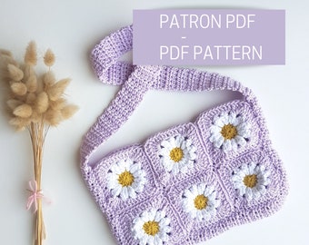 Patron crochet pour sac à main en granny squares fleurs, modèle PDF pour crocheter un sac à main fleur en crochet