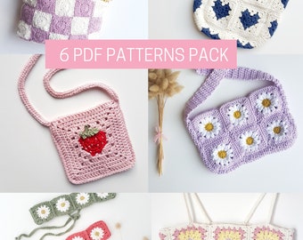 Maxi pack de 6 patrons crochet d'accessoires en granny squares, lot de 6 tutoriels crochet de sacs en crochet, headband, crop top en crochet