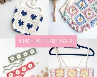 Pack de 4 tutoriels crochet pour accessoires en granny squares, 4 patrons crochet pour sacs en crochet, headband et crop top en crochet