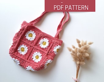 Crochet flower bag pattern, crochet daisy purse PDF tutorial, pattern to crochet a granny squares bag with flowers design