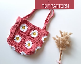 Tutoriel sac à main fleur en crochet, patron PDF pour crocheter un sac / tote bag en granny squares au motif fleurs