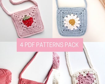 Pack de 4 patrons crochet pour crocheter des petits sacs en crochet pour enfants en granny squares