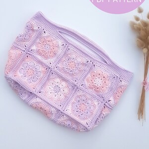 May include: A crochet tote bag with a light purple and pink color scheme. The bag is made of granny squares with a floral design. The text "PATRON PDF PDF PATTERN" is visible in the top right corner of the image.