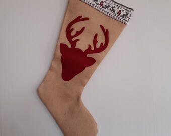 Handmade, Hessian Christmas stocking, with grey/red scandi style ribbon and red felt reindeer