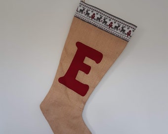 Handmade, Personalised, Hessian Christmas stocking, with grey/red skandi style ribbon and red felt initial