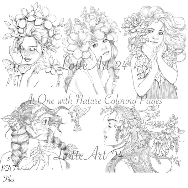 At One with Nature Adult Coloring pages. 5 High Quality PDF files in A3 size ready to download and print.