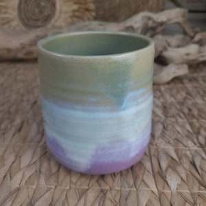 Cup without handle/tumbler in white, turquoise and pink enamelled stoneware for your hot drinks, tea, coffee or hot chocolate image 3