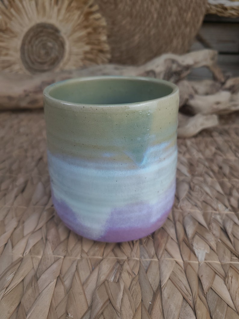 Cup without handle/tumbler in white, turquoise and pink enamelled stoneware for your hot drinks, tea, coffee or hot chocolate image 3