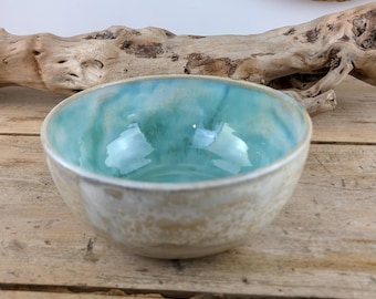 Large bowl or small salad bowl in enameled stoneware made on a potter&#39;s wheel, green and white, artisanal bowl for your kitchen