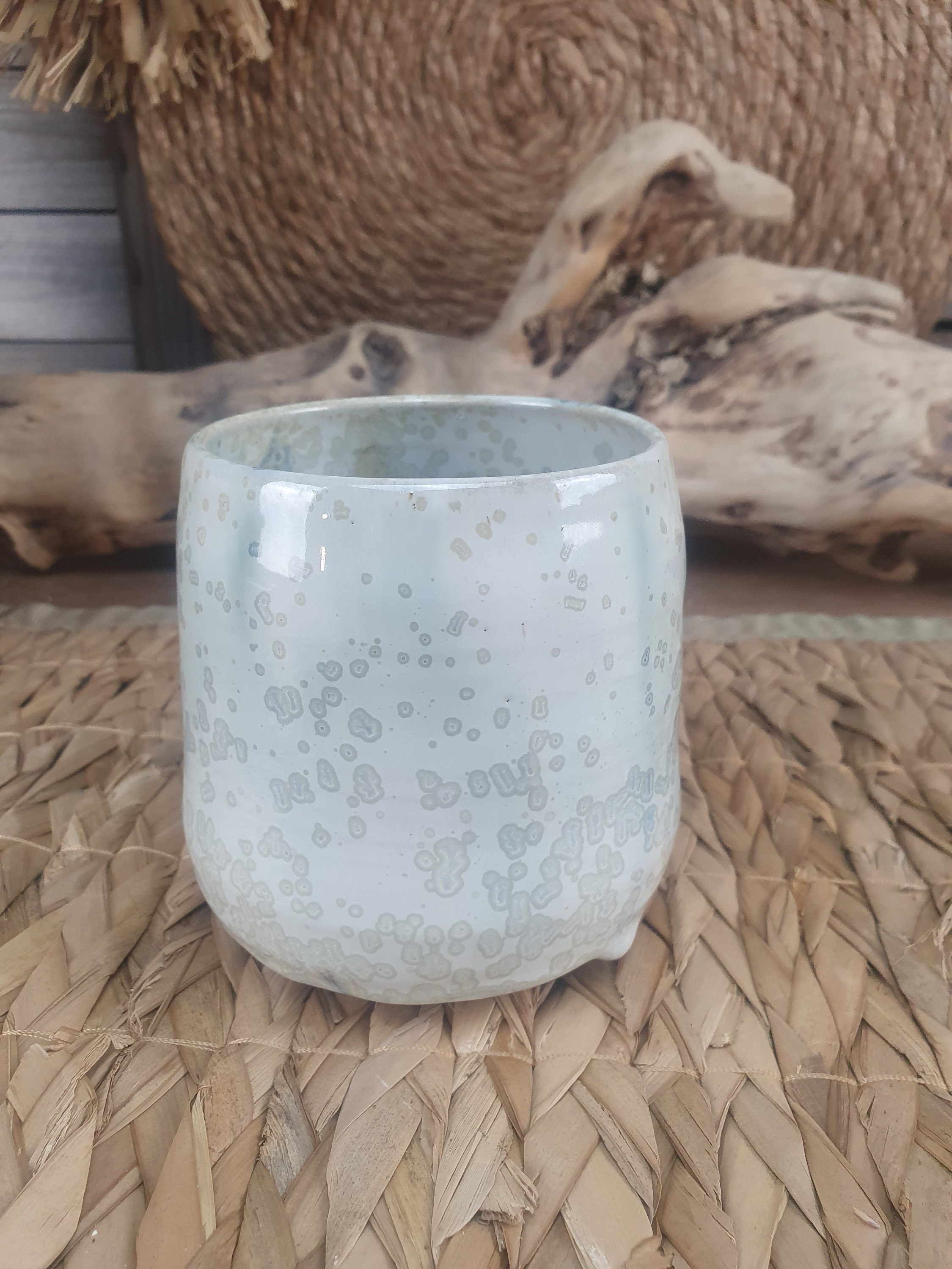 Tasse Sans Anse/Gobelet en Grès Émaillé Vert d'eau et Blanc Cristallisé , Pour Vos Boissons Chaudes 