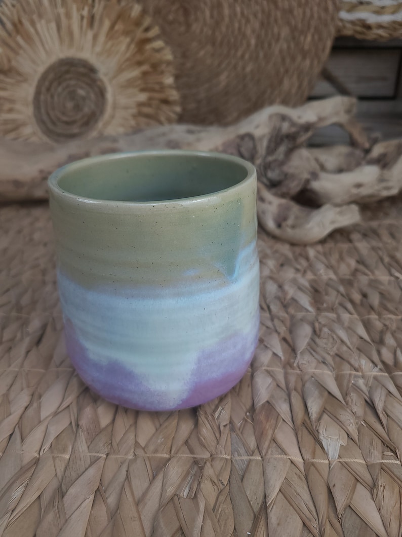 Cup without handle/tumbler in white, turquoise and pink enamelled stoneware for your hot drinks, tea, coffee or hot chocolate image 4