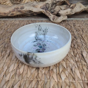 Enamelled stoneware bowl made on a potter's wheel, white, pink and black artisanal bowl for your kitchen