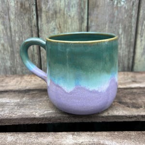 Mug, in enamelled stoneware, pink, white and green for tea or coffee, handmade