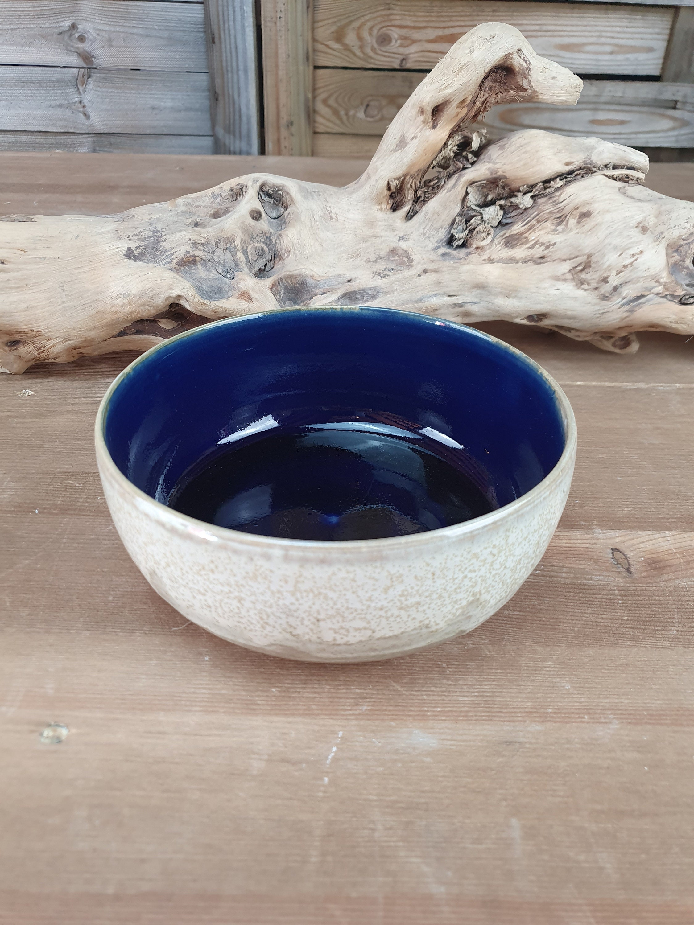 Grand Bol en Grès Émaillé Réalisé Au Tour de Potier, Bleu et Blanc Cristallisé, Bol Artisanale Pour 