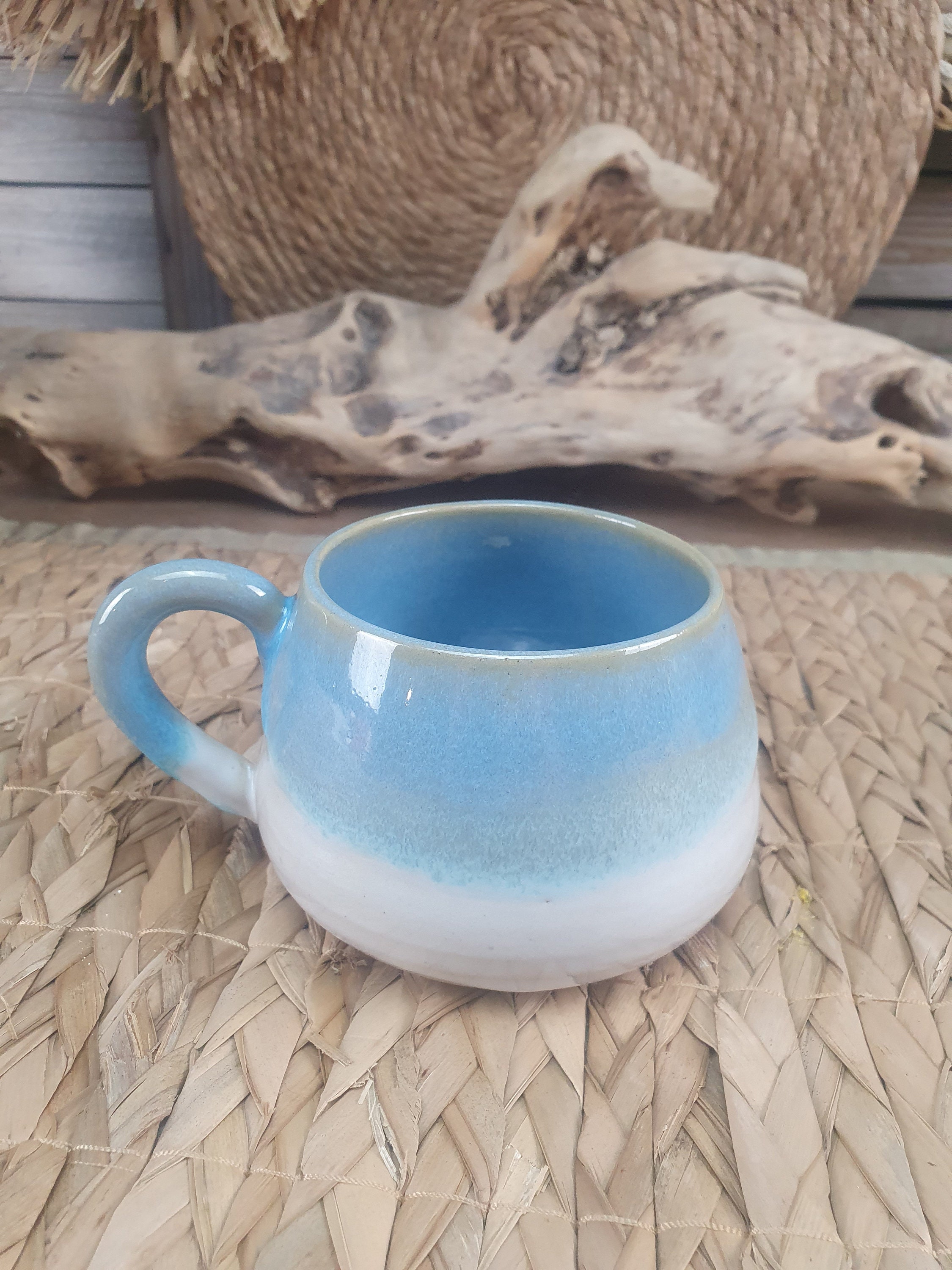 Tasse en Grès Émaillé, Blanche et Turquoise Pour Le Thé