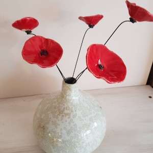 5 small red poppy flowers in ceramic on wire for decoration