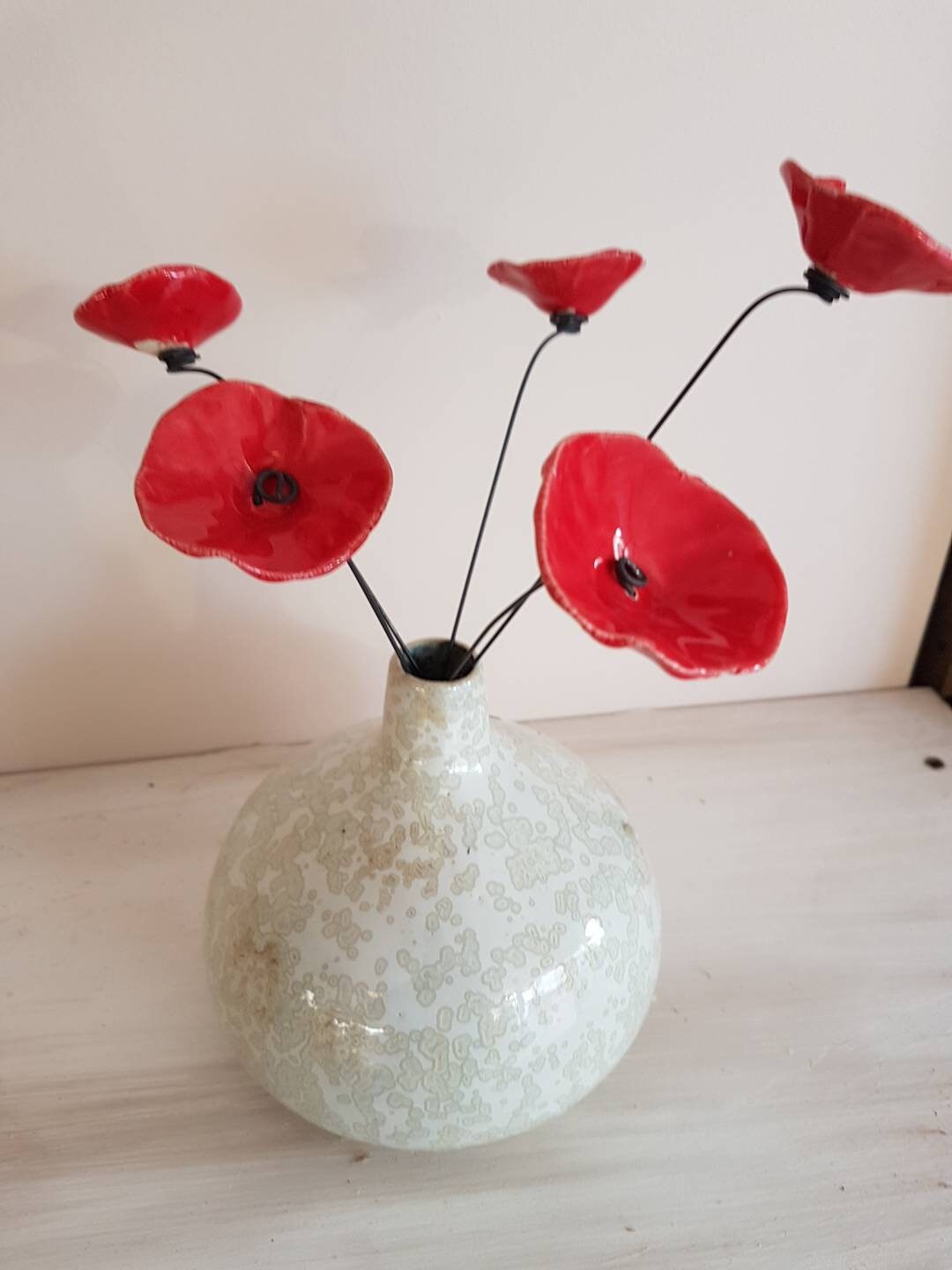 5 Petites Fleurs Rouges Coquelicots en Ceramique sur Fil de Fer Pour Décoration
