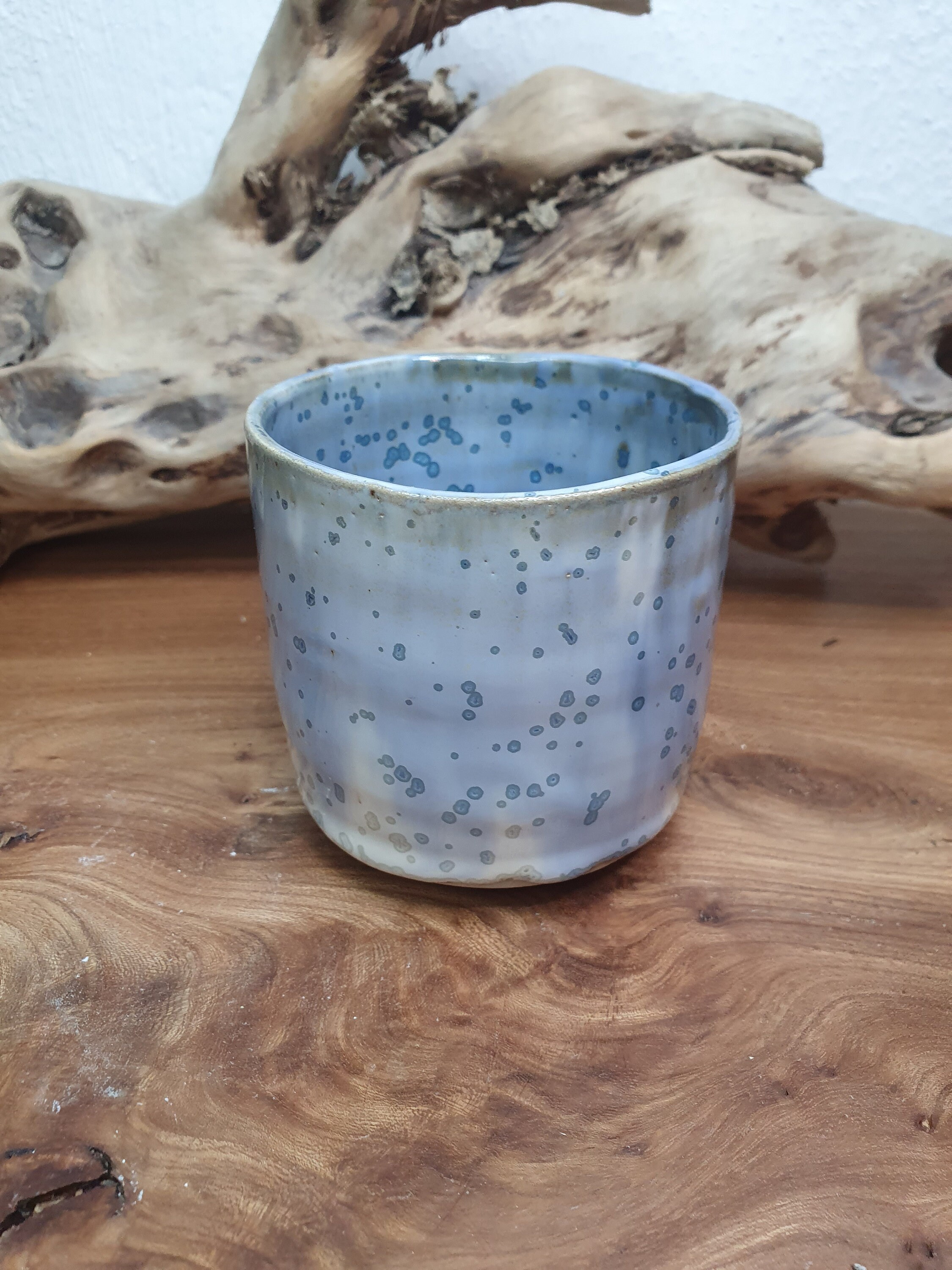 Petite Tasse à Café Sans Anse , en Grès Émaillé, Bleue et Blanche Pour Express