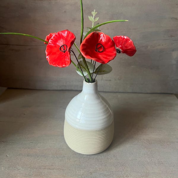 Bouquet of 5 small red earthenware flowers – handcrafted floral decoration – handmade home decor – original interior decoration