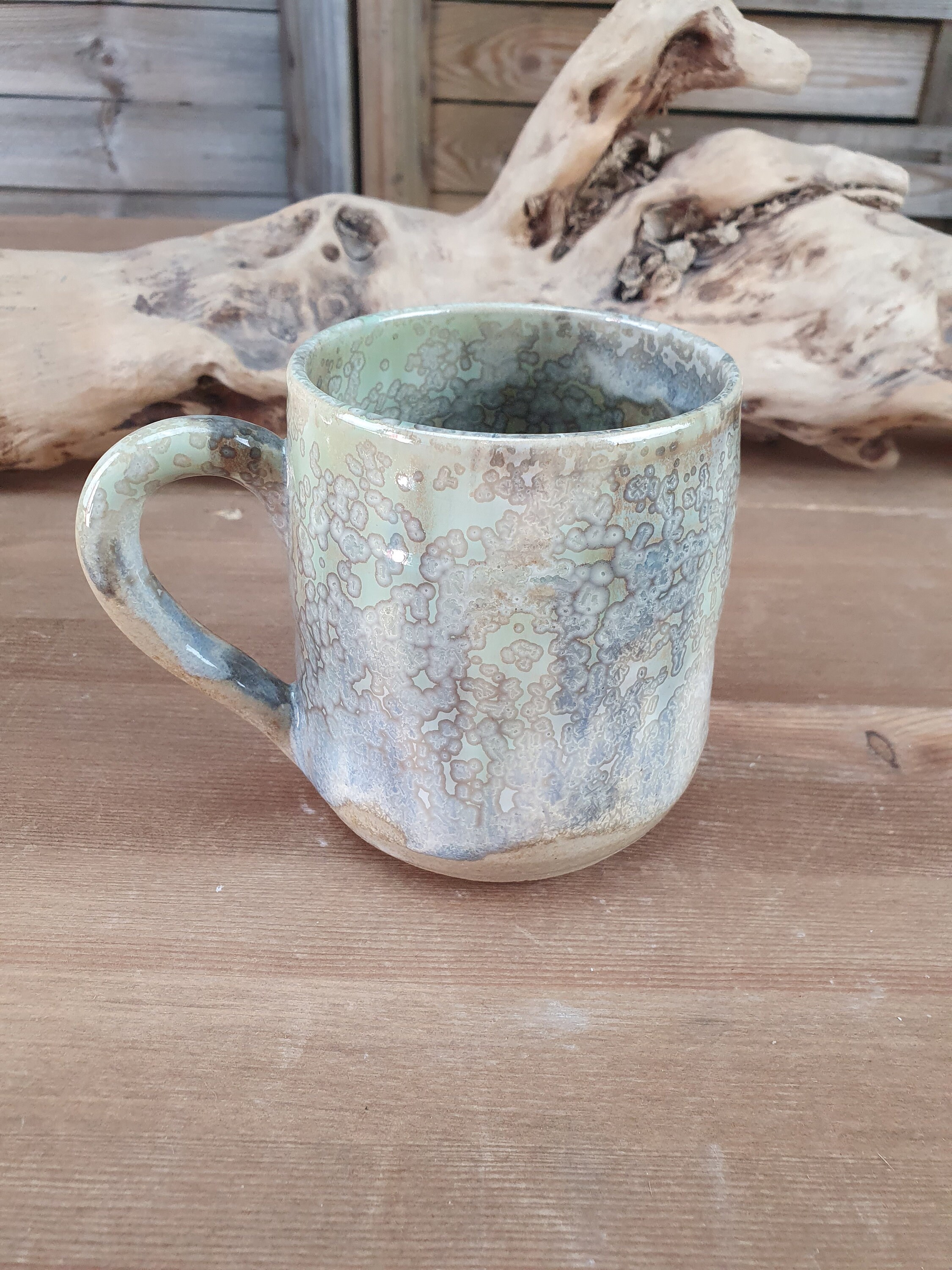 Tasse, en Grès Émaillé, Verte Claire, Grise Violette et Blanche Pour Le Thé ou Café, Fabrication Art