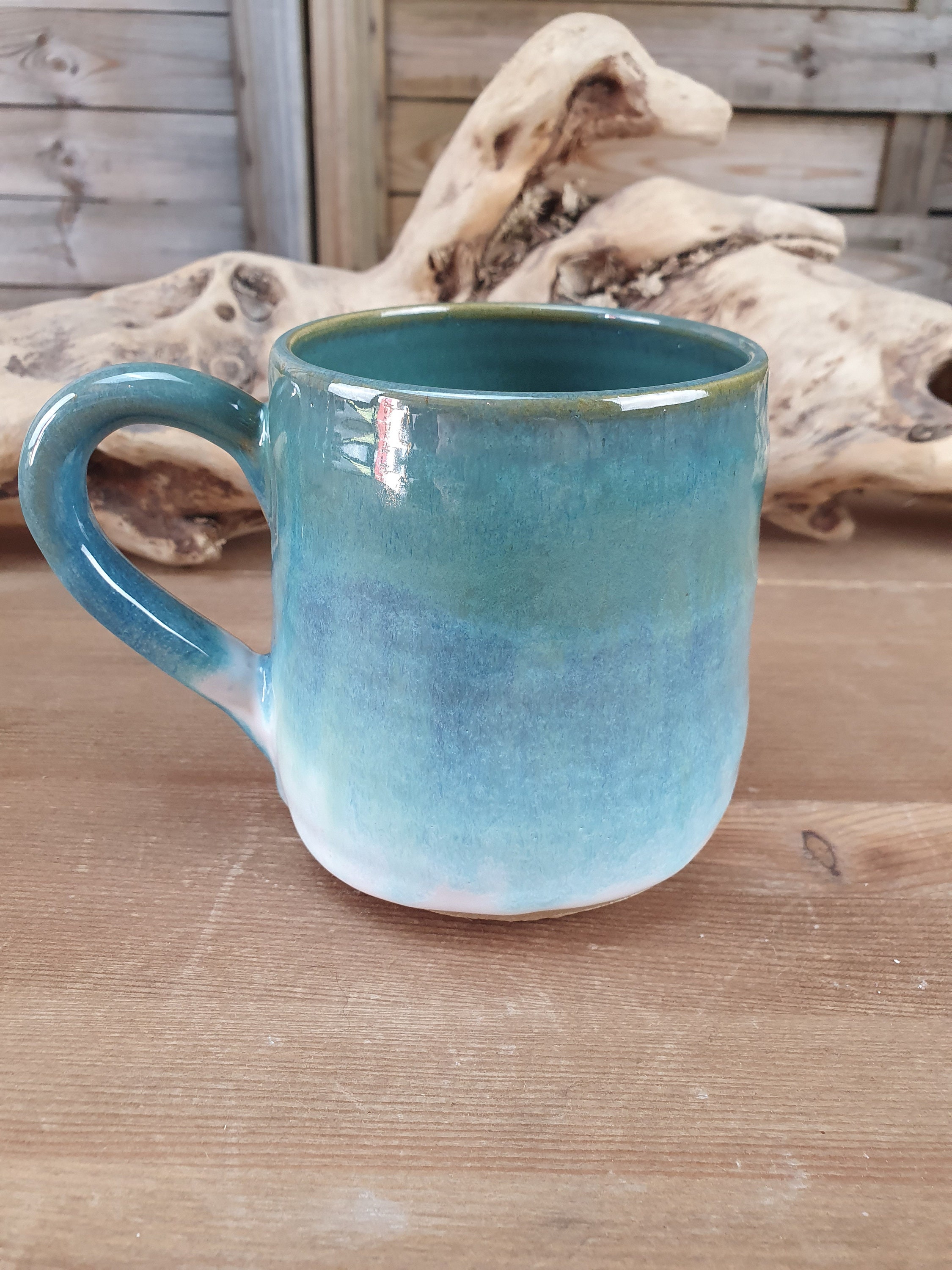 Tasse, en Grès Émaillé, Verte et Blanche Pour Le Thé ou Café, Fabrication Artisanale