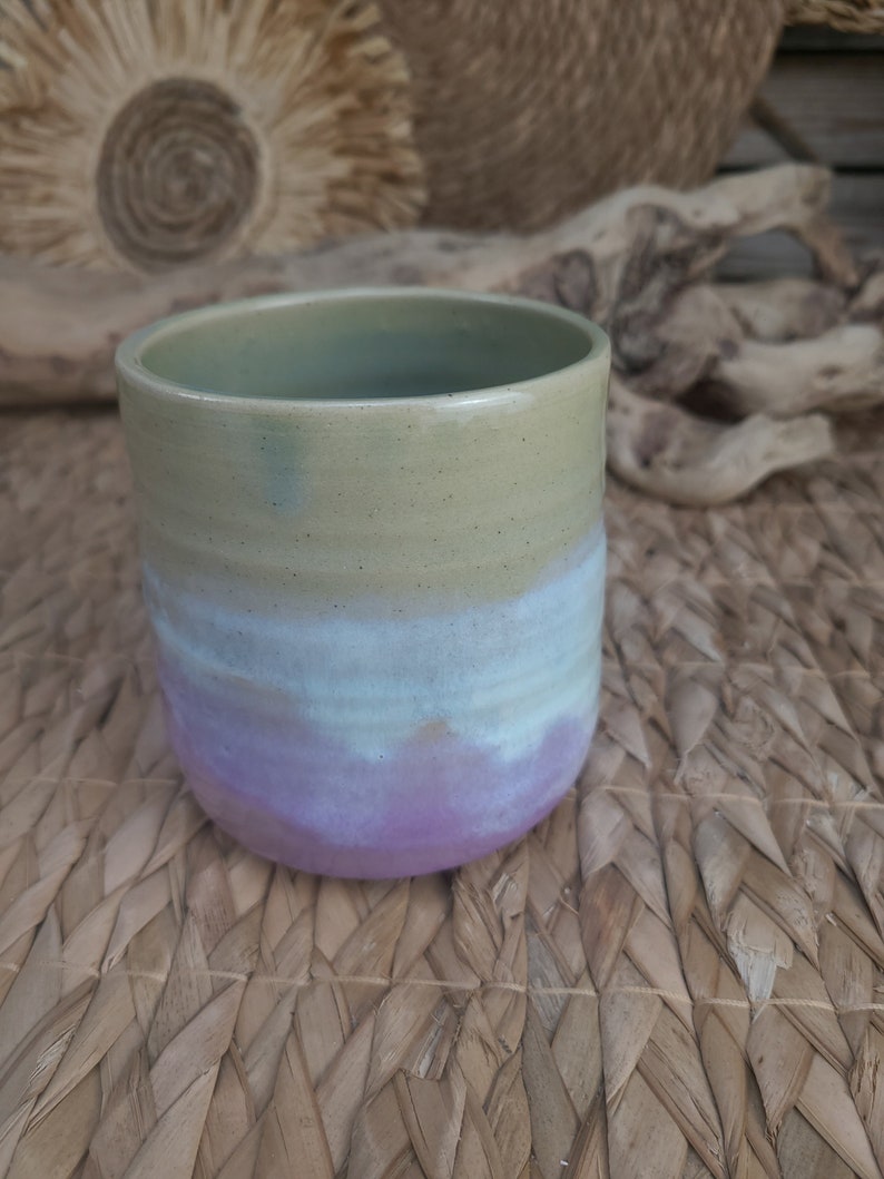 Tasse sans anse/gobelet en grès émaillé blanc, turquoise et rose pour vos boissons chaudes thé café ou chocolat chaud image 5