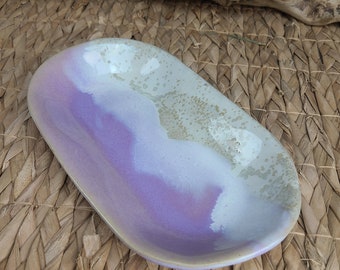 Small hollow oval dish, enamelled sandstone ceramic, pink and white, French craft creation your table service