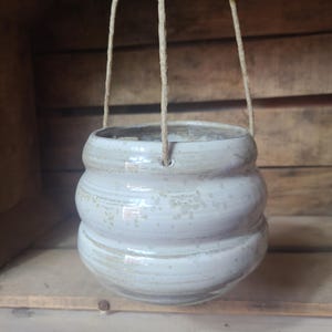 White glazed stoneware hanging pot, small chubby pot, handmade decoration for your home