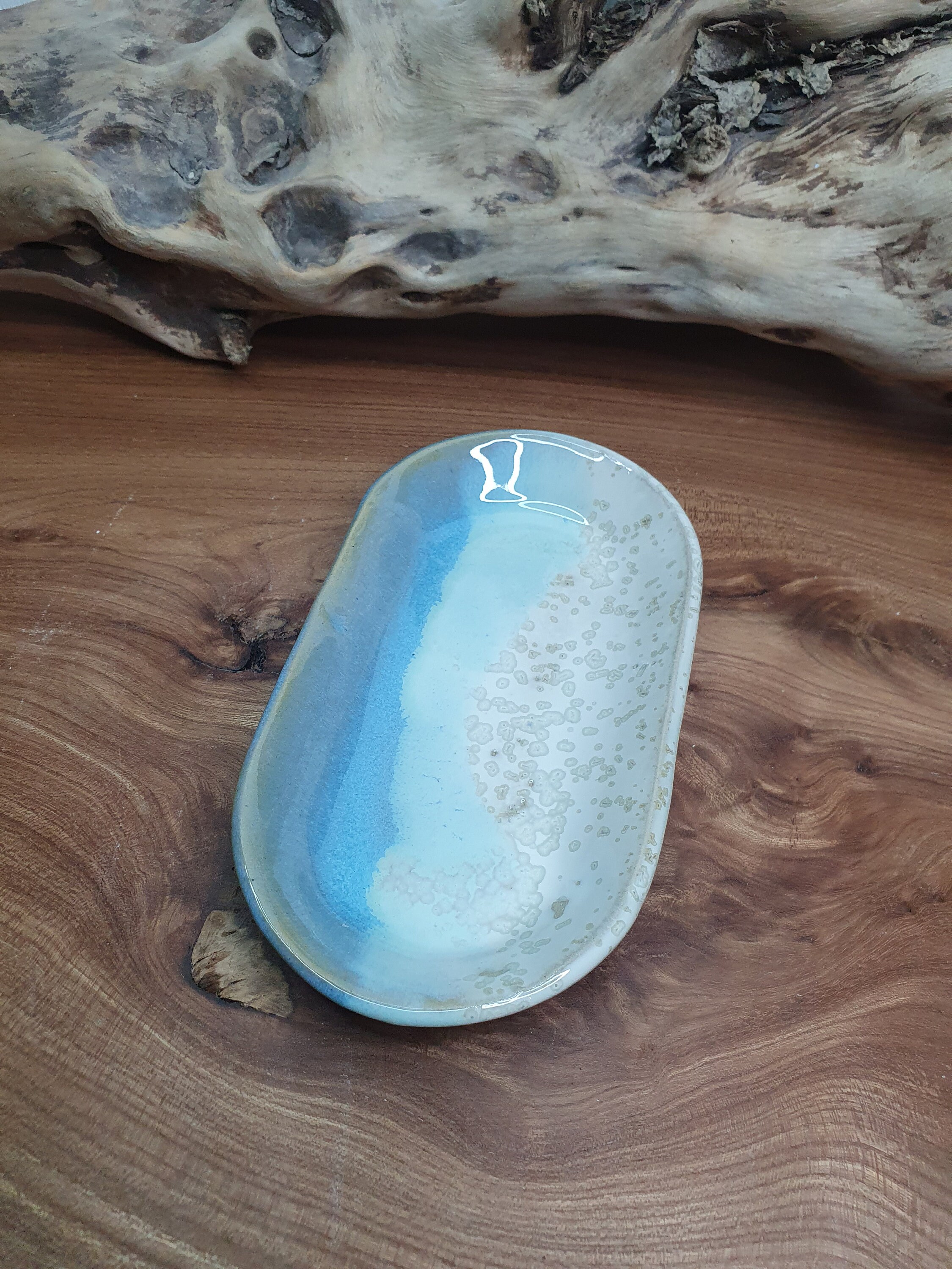 Petit Plat Ovale, Grès Émaillé, Turquoise et Blanc Création Artisanale Française Pour Compléter Votr