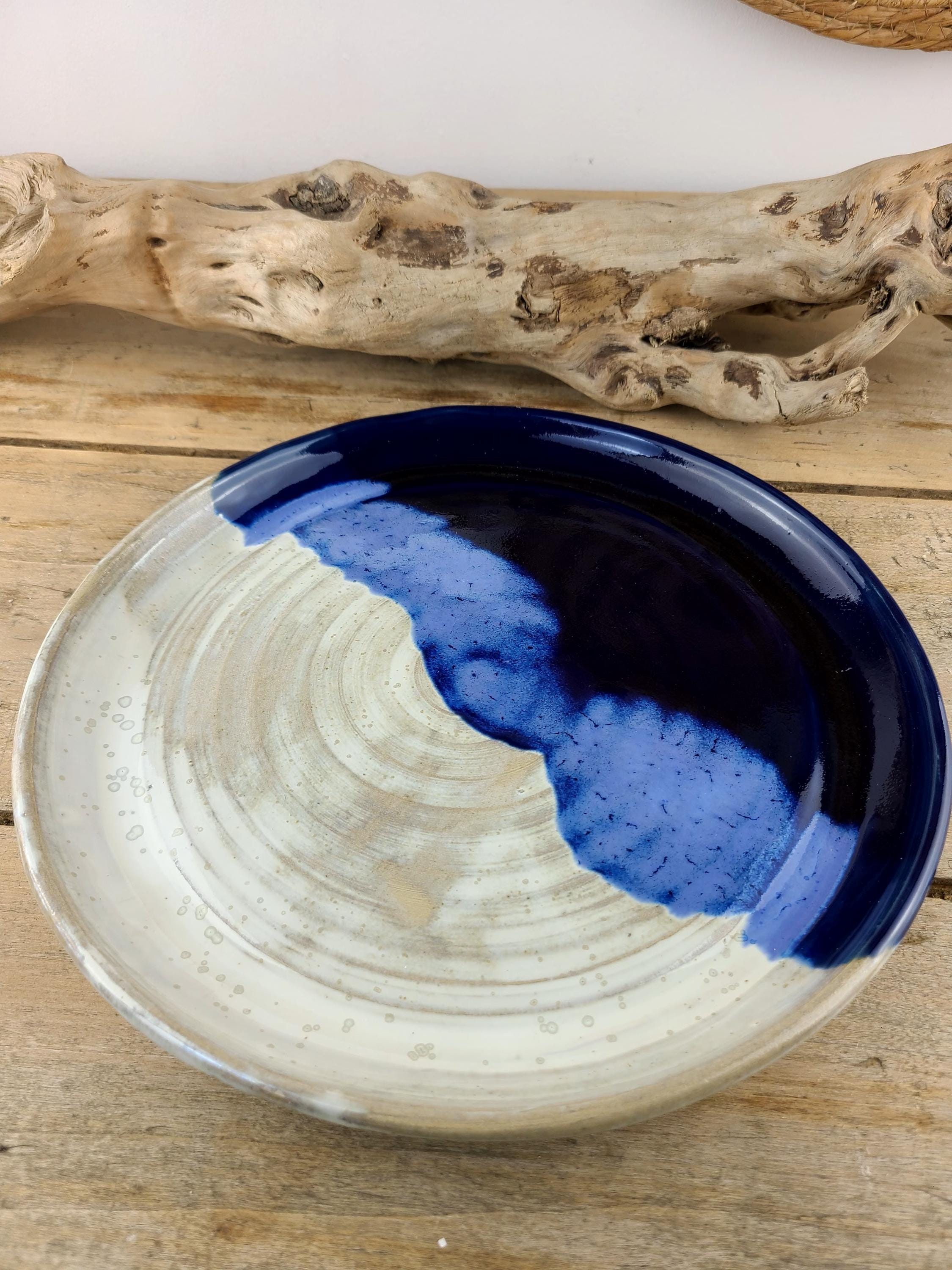 Blue and white enameled stoneware plate, artisanal dish made in France